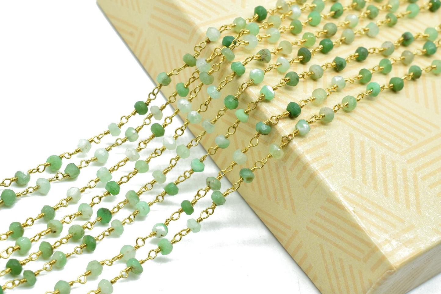 Chrysoprase 3mm Beaded Chain,Gemstone Gold Plated Wire Wrapped Rosary Chain In Brass, beaded Rosary Chains, Handmade Jewelry Making Chains