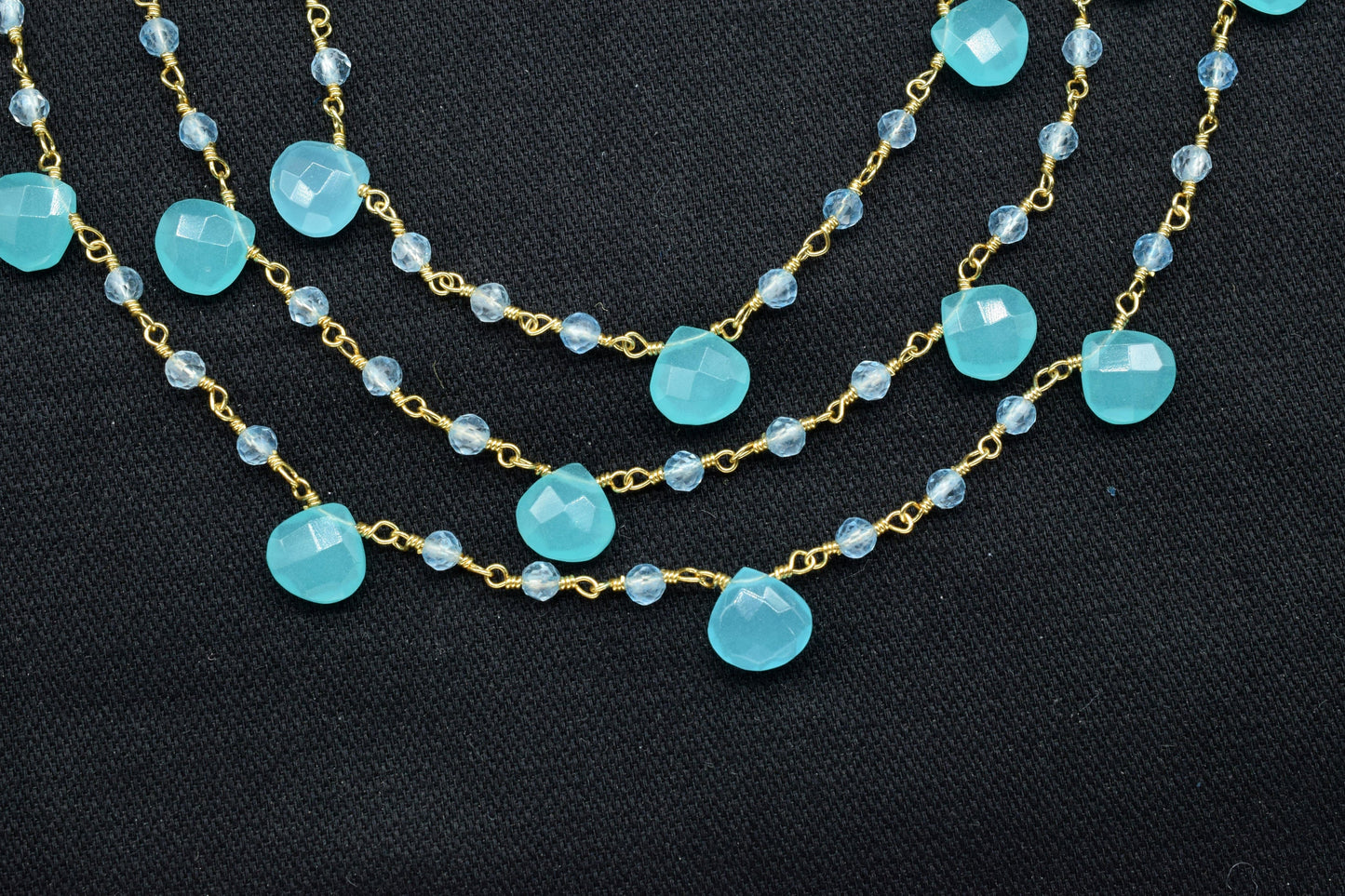 Aqua chalcedony,sky topaz Beaded & Heart shape Chain,Beaded Wire Wrapped Gemstone Beads,Faceted Rosary Chain,Gemstone rosary style chains