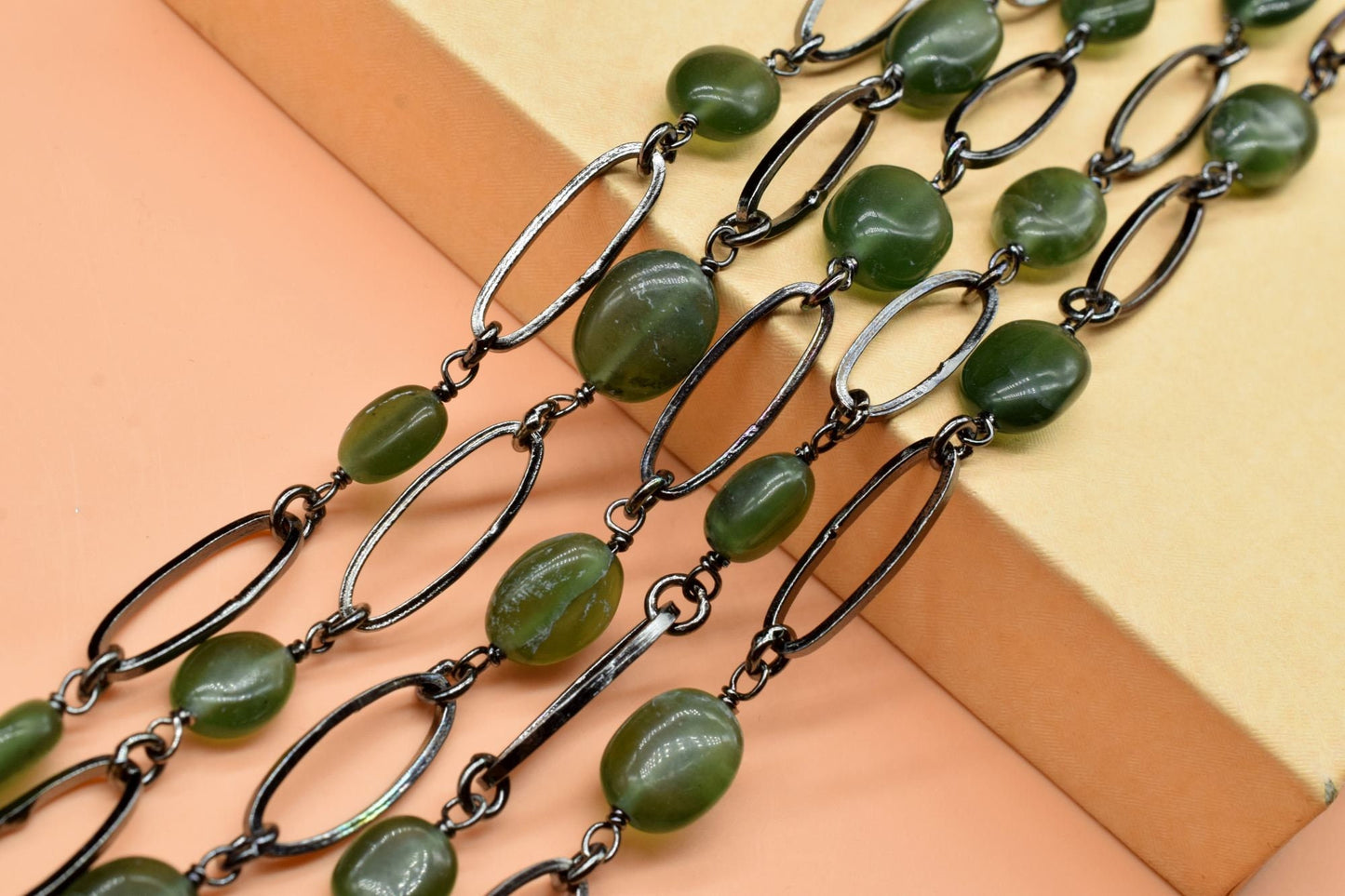 Green Jade Connector Link Chain, 8x16mm Finding Green Jade Chain, Green Jade Oval Connector Chain, Green Jade Bezel Chain, Green Jade Rosary