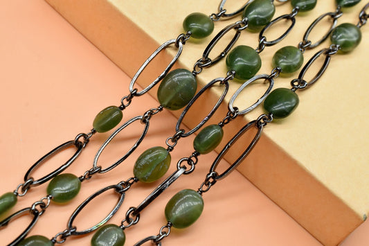 Green Jade Connector Link Chain, 8x16mm Finding Green Jade Chain, Green Jade Oval Connector Chain, Green Jade Bezel Chain, Green Jade Rosary