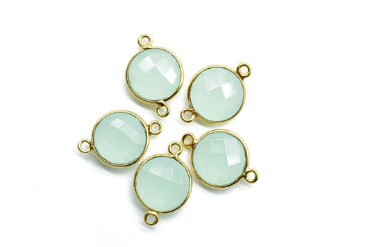 Aqua Chalcedony 12mm Round double bail connectors,Aqua Chalcedony Gold Plated Gemstone Bezel Connector,Aqua chalcedony Double Loop connector