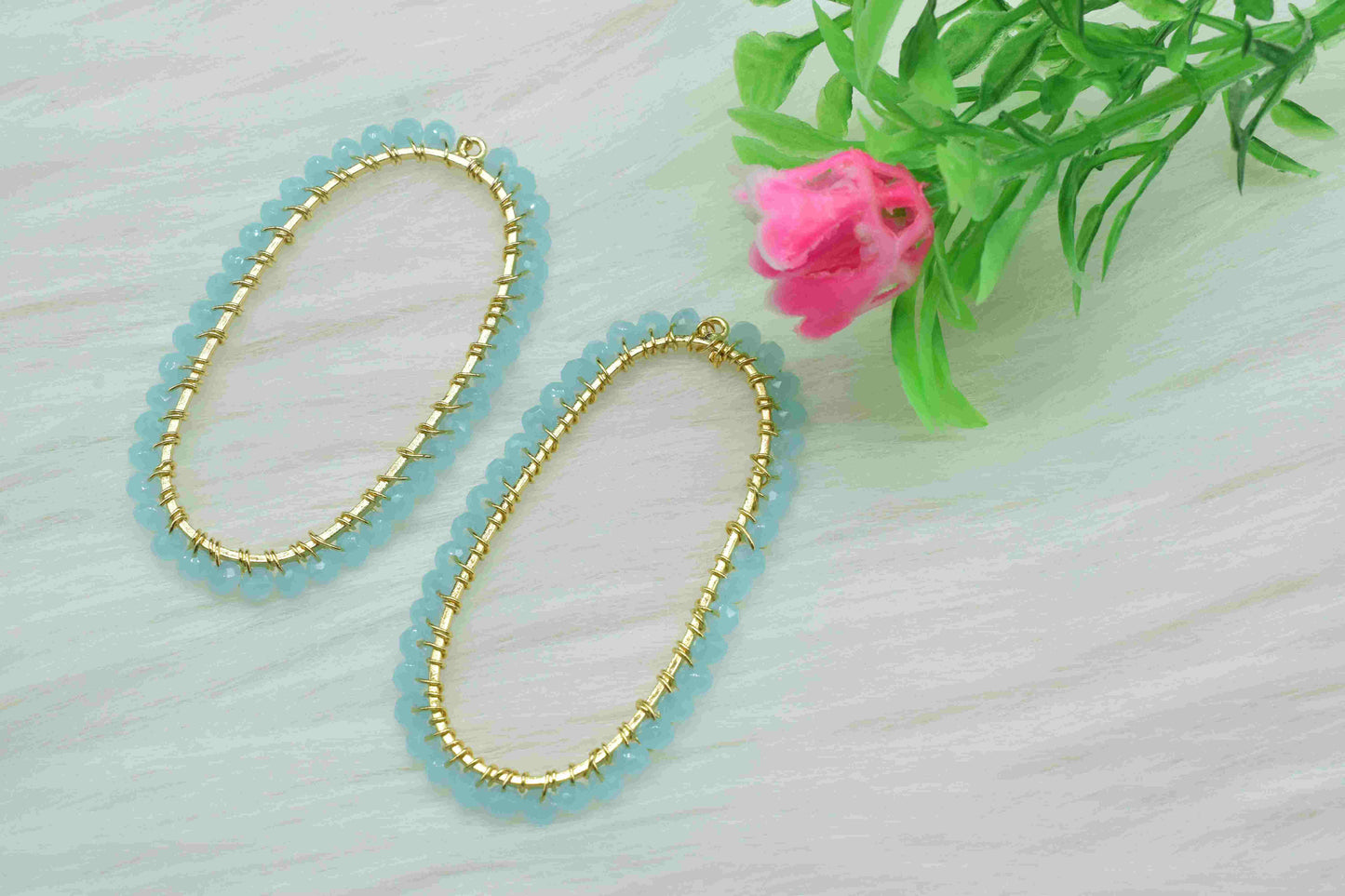 Aqua Chalcedony Wire Wrapped Connector, Oval Shape Pendant Component, Handmade Earring, Beaded Earring,Finding Component Aqua Quartz Jewelry