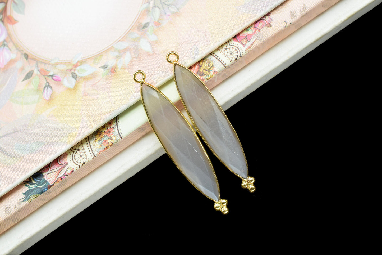Grey Moonstone Faceted 7x34mm Marquise Shape Charms,Moonstone Gold Plated bezel jewelry,Grey Moonstone Pendant Station Bezel Link Jewelry