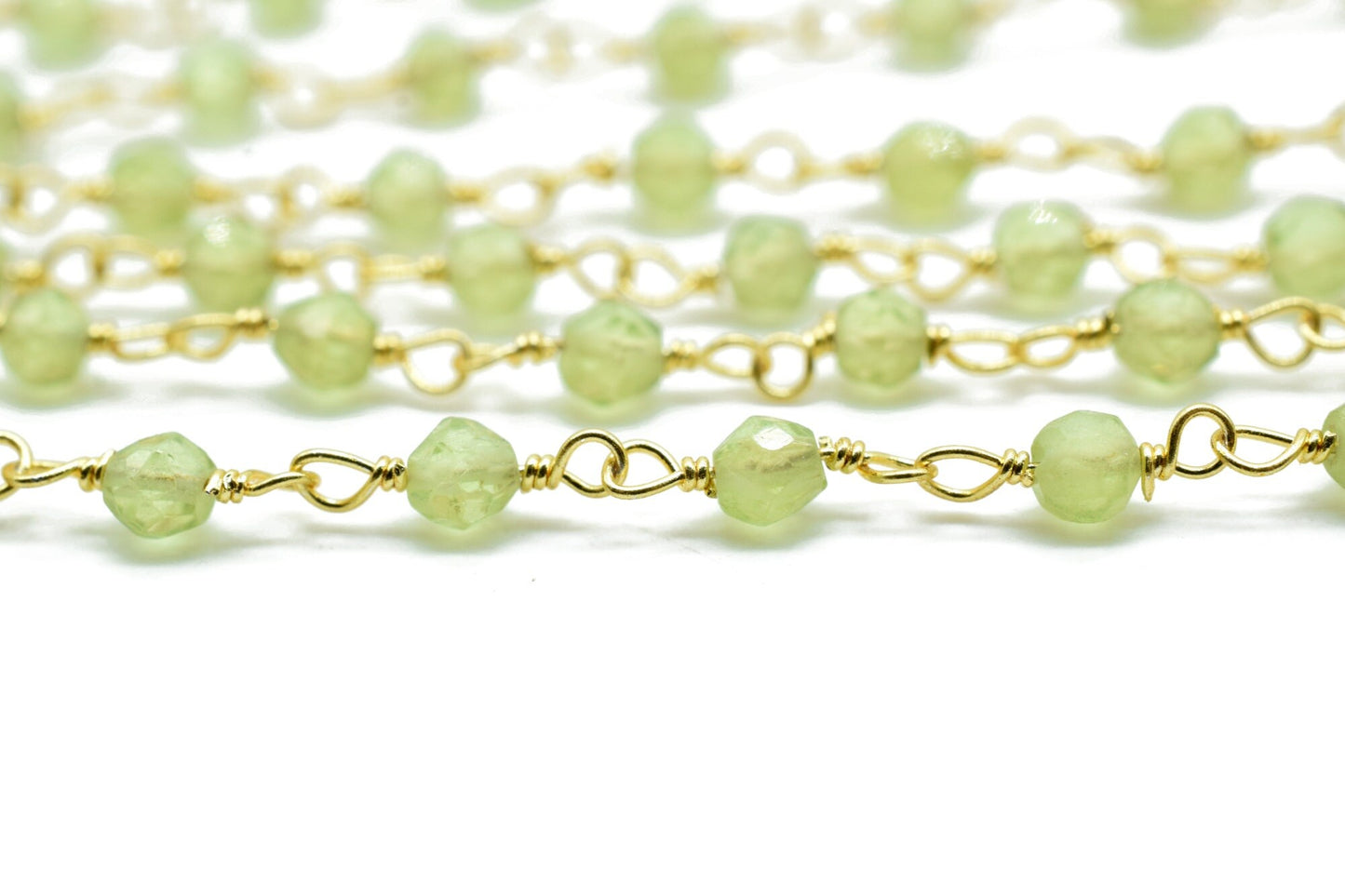 Peridot 3mm Beaded Chain,Faceted Peridot Rosary Style Beaded Chain, Premier quality Non Tarnish Chain in Gold,Beaded Chain -Chain PER FOOT