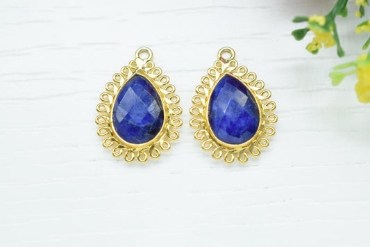 Blue Sapphire 10x14mm Teardrop Charms,Gemstone Teardrop Bezel Charm,Handmade Pendant connectors,Single Bail Pendant,Boho Necklace Pendant