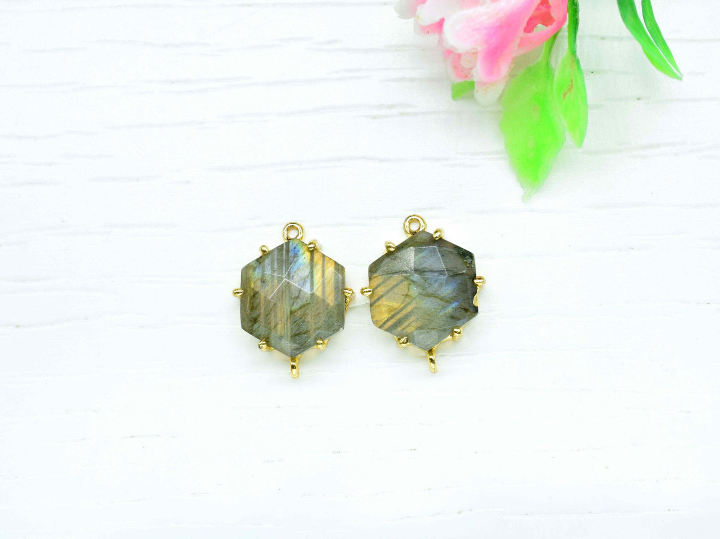 Labradorite Hexagon Connector,Charms for bracelet necklace Jewelry Making,Handmade Gemstone Bezel,Beads Prong Jewelry,double bail connector