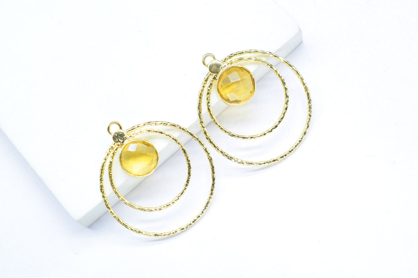 Citrine Round Bezel Connector,Citrine Earring Connector,Brass Textured Jewelry,Citrine Neacklace Pendant,Citrine Gemstone Jewelry,Mom's Gift