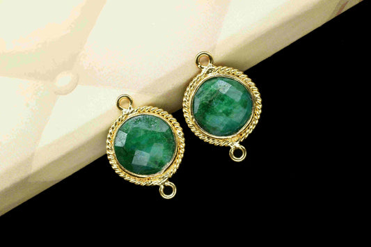 Emerald Gemstone Connector,10mm Round Shape Gold Plating Bezels Charms,Handmade Connectors Jewelry,Emerald Bezel Connectors,Gemstone Jewelry