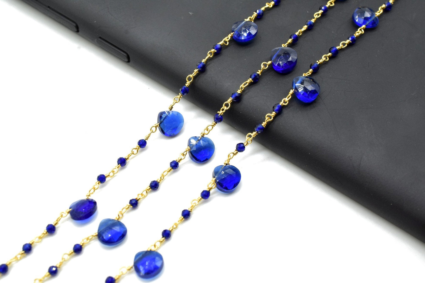 Blue Sapphire 2mm Beaded & Heart shape Chain,Wrapped Rosary Chain,Sapphire Briolette rosary chain,Brass Gold Plated Sold Per Foot Wholesale
