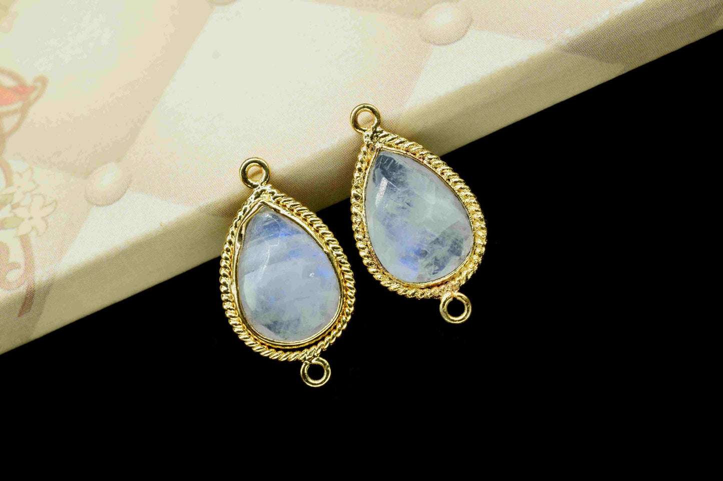 Rainbow Moonstone 9x13mm Pear Shape Double Bail Connector,Moonstone Teardrop Pendant,Moonstone Gold Plated Bezel,Jewelry Making Charms Gift