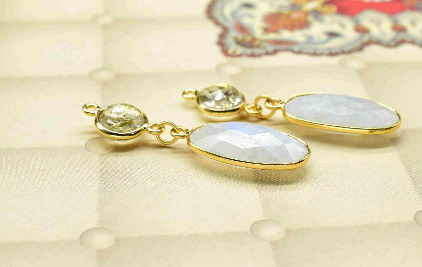 Rainbow Moonstone Dangle pendant Charm,Golden Rutile Connector,Handmade jewelry,Component pendant,Station Link,Multi Gemstone Dangle Earring