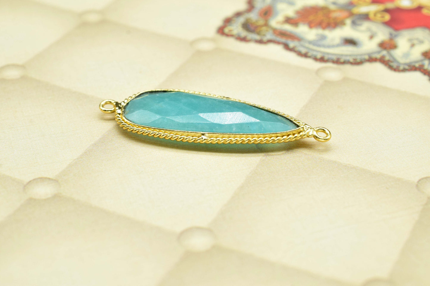 Amazonite Bezel Charms 10x30mm Pear Shape Pendant,Amazonite double Bail Checker Cut Teardrop Connectors Jewelry,Amazonite Gold Plated bezel