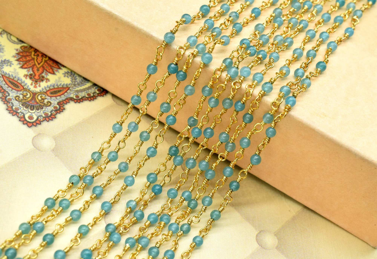 Apatite 2.5mm Beaded Chain,Apatite wire wrapped chain,Beaded chain,rosary chain,jewelry making supplies,Apatite Gold Plated Wire Wrapped