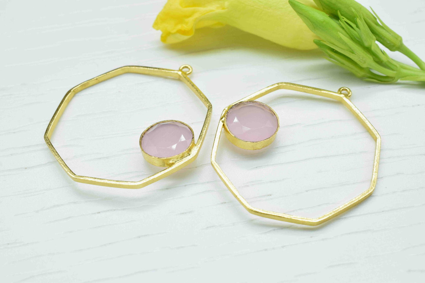 Rose Quartz Gemstone Pendant, Gemstone 10mm Round Shape Component, Finding 32mm Hexagon Shape Pendants Jewelry,Rose Quartz Earring Connector