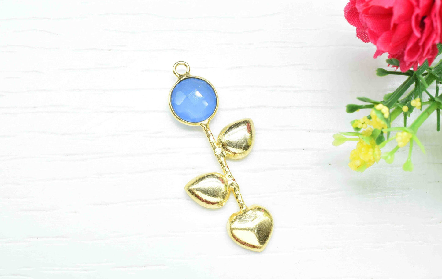 Blue Chalcedony  Round Shape Pendant , Blue Chalcedony Single Bail Charms  , Genuine Gemstone Charms , Gold Plated Gemstone Connectors ,