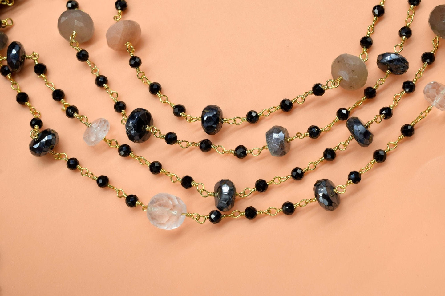 4 mm Black onyx  Rosary Chain,multi moonstone Faceted Beaded Chain,Wire Wrapped gold Plated Chain,bigger size beaded ,rosary ,dual gemstone,