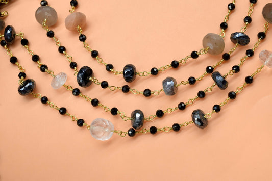 4 mm Black onyx  Rosary Chain,multi moonstone Faceted Beaded Chain,Wire Wrapped gold Plated Chain,bigger size beaded ,rosary ,dual gemstone,