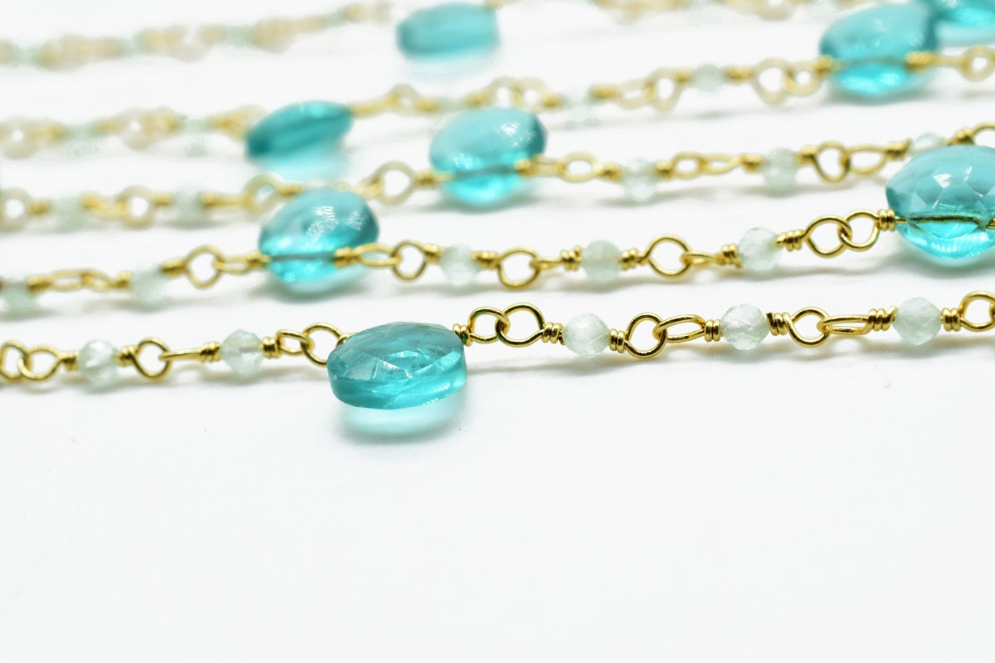 Aqua chalcedony,Apatite 2mm Beaded & Heart shape Chain,Beaded Wire Wrapped Gemstone Beads,Faceted Rosary Chain,Gemstone rosary style chains