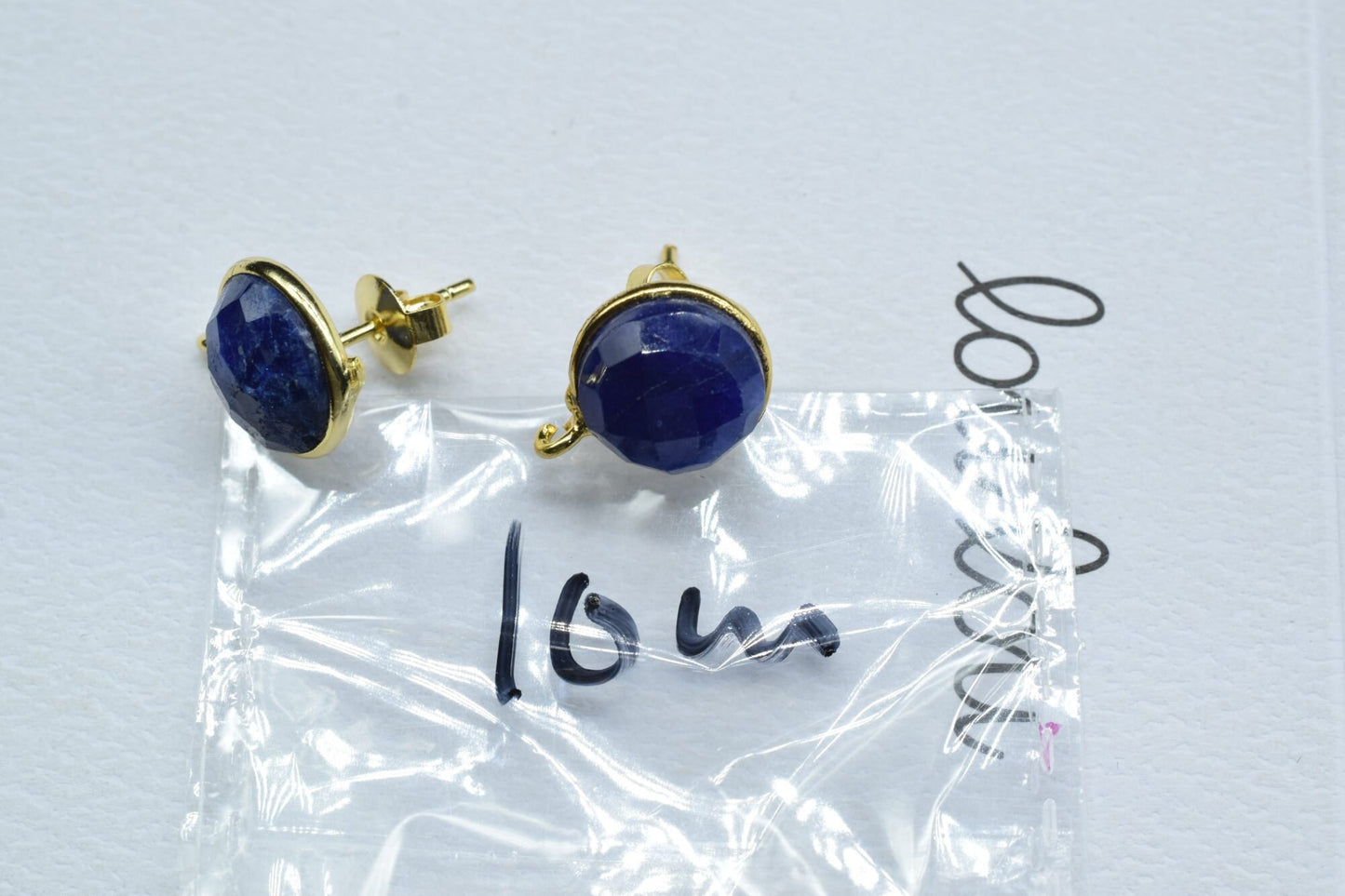 Blue Sapphire 10mm round Earring Connector,DIY Jewelry Making,Blue Sapphire post studs,Gold Plated Earring Connector,Gemstone Link Connector