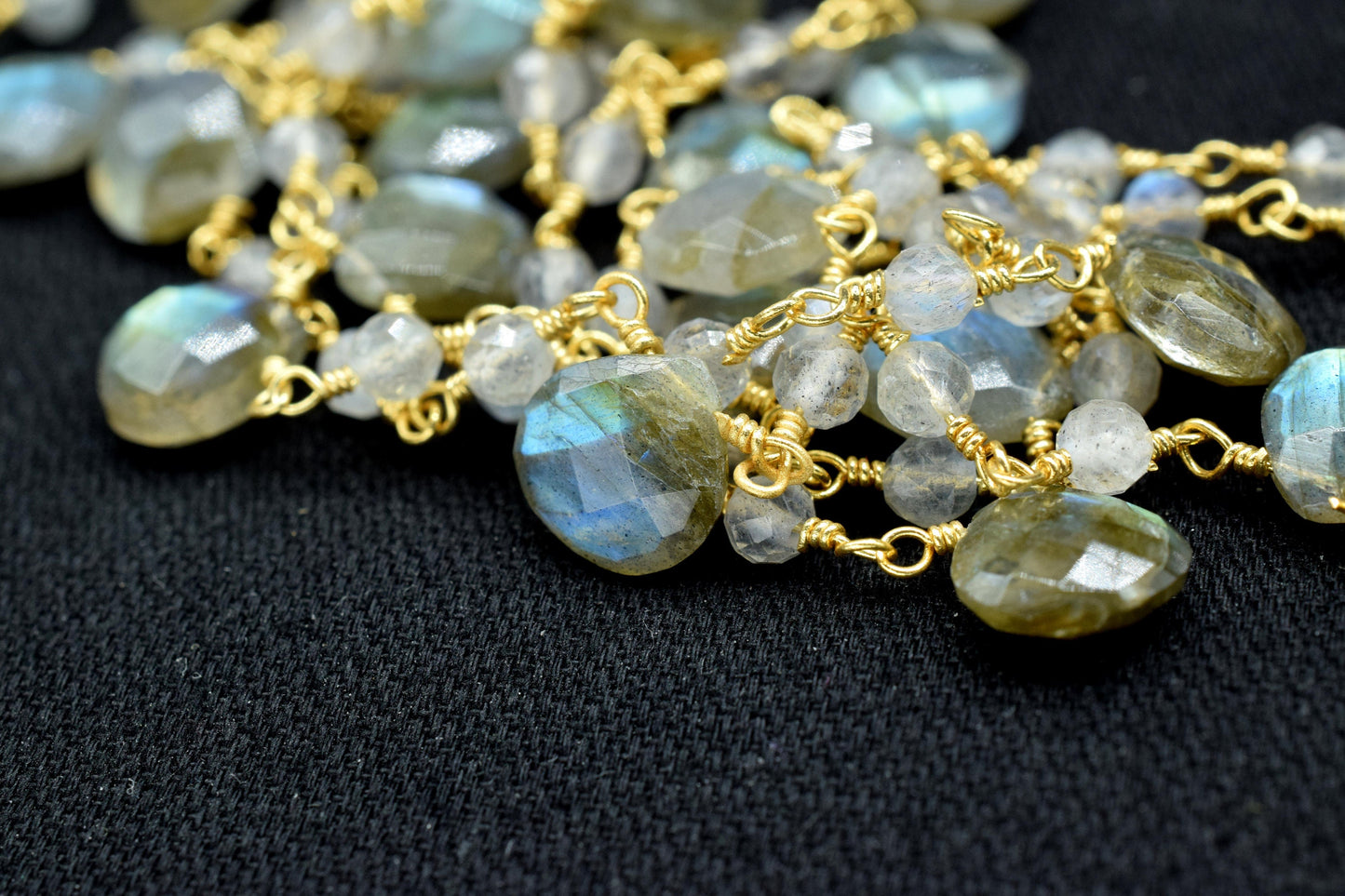 labradorite 3mm Rosary Beaded Chain,Labradorite Heart Shape Rosary Chain,Sold By Foot,labradorite briolette beaded chain,labradorite chain