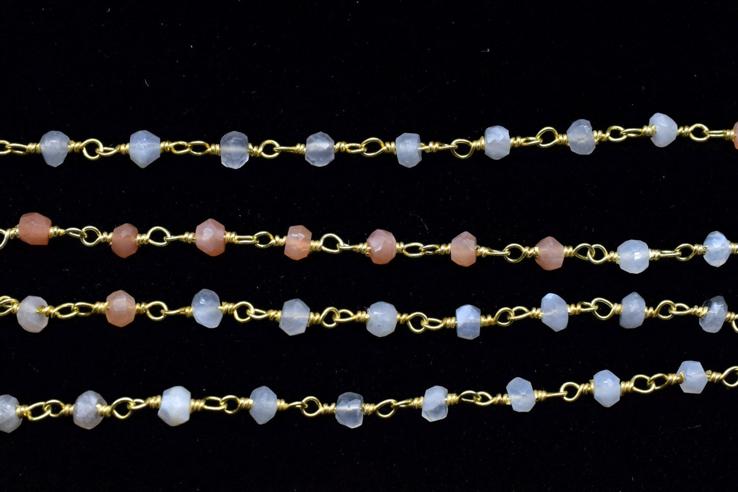 Multi Moonstone 3mm Beaded Chain,Multi Moonstone Wire Wrapped Chain,Moonstone Brass chain,Jewelry Making Chain,Moonstone Beads rosary chain