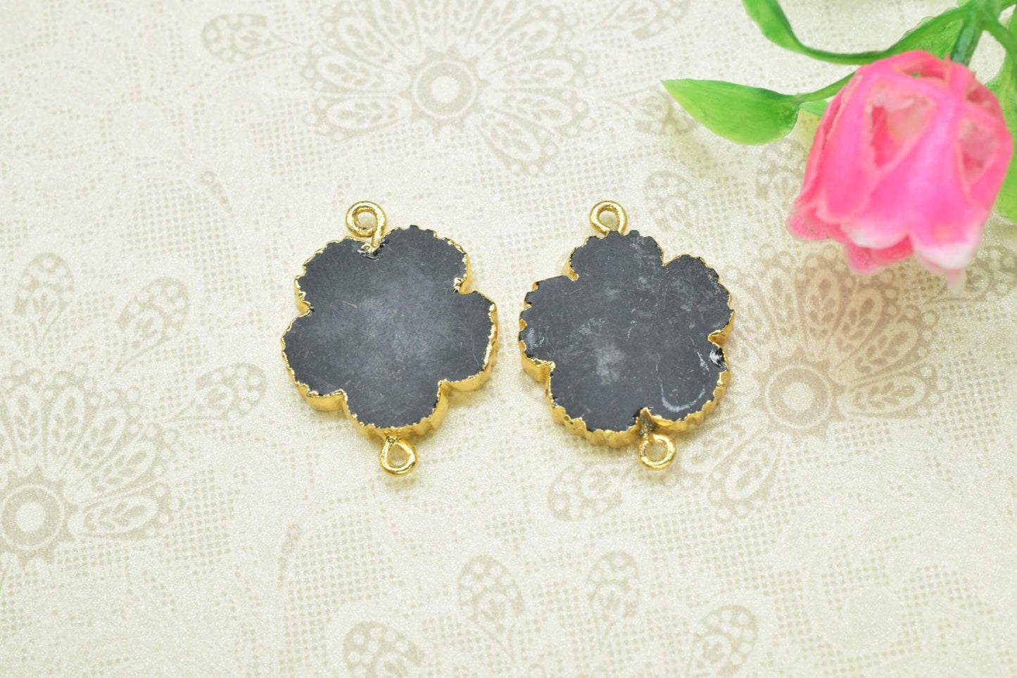 Black Onyx bracelet charm Pendants,Handmade Flower Pendant,Necklace Connectors Jewelry,Gemstone Electroplated Charm,Double Bail Connector