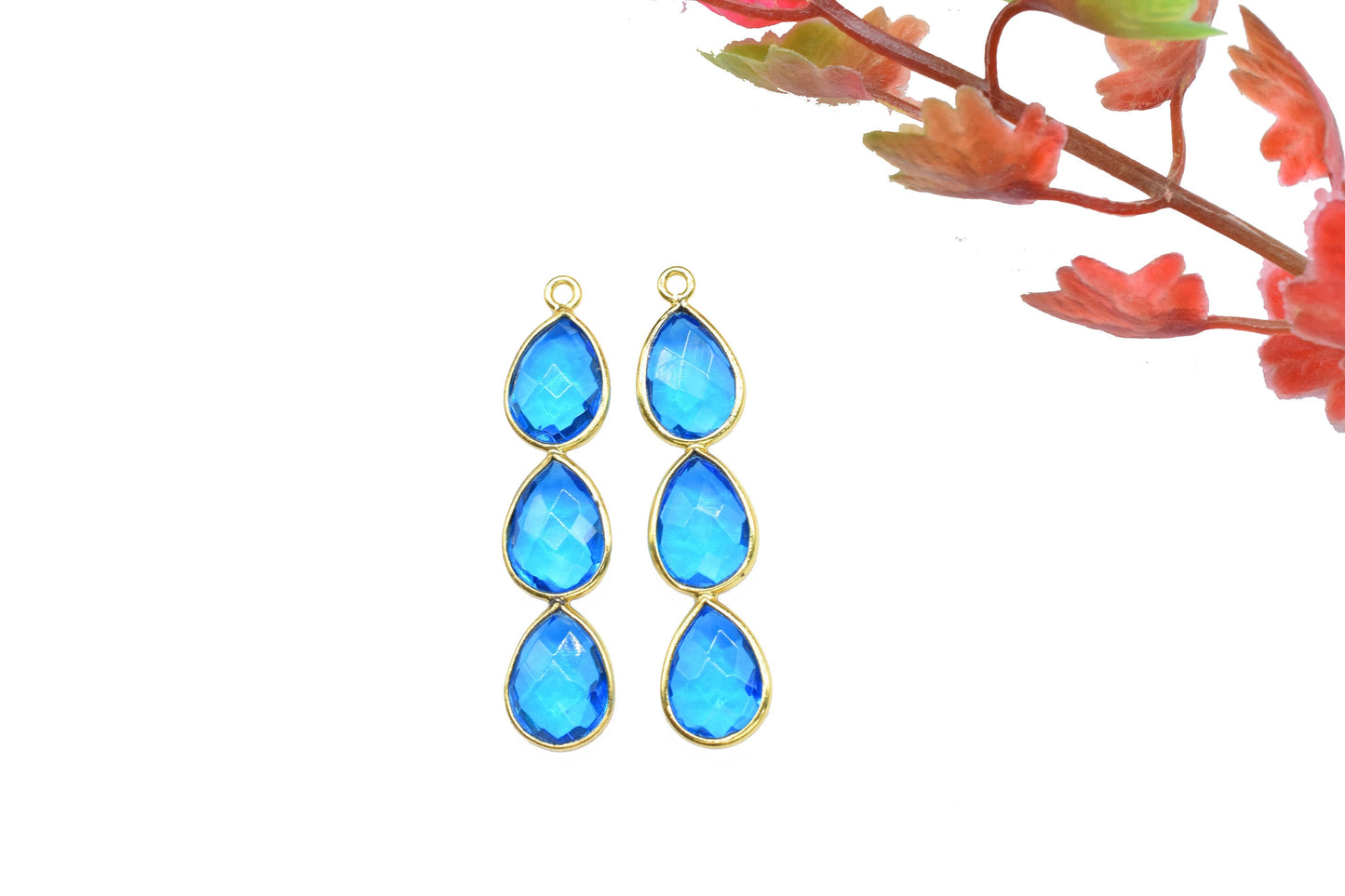 Three Stone Bezel Pendants,Gemstone Teardrop Charms,Handmade Beads Jewelry,Components Earring Connector,Single bail Station Bezel Link,Gift