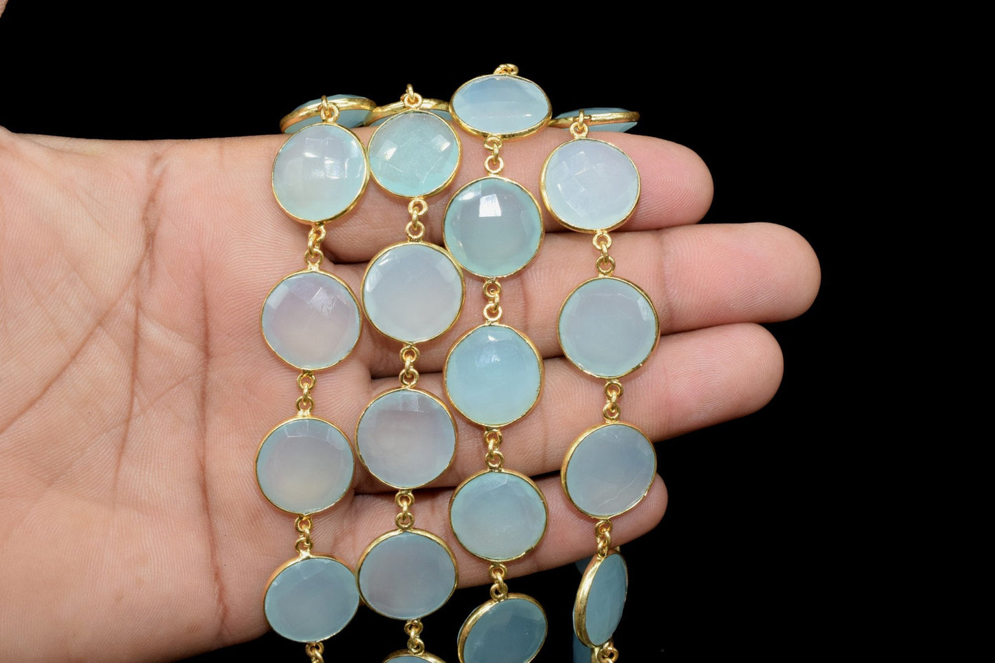 Aqua Chalcedony Round Connector Chain,Chalcedony Gold Bezel Connector Chain,Round Aqua Chalcedony Faceted Gemstone,Gold Plated Rosary Chain