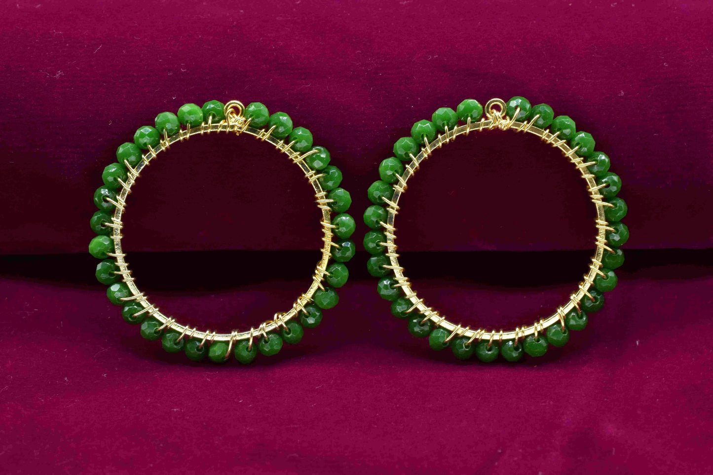 Natural Emerald Beaded Hoops Earring, Circle Pendant Component, Wire Wrapped Dangle Connector, Handmade Earring,Findings Component Jewelry