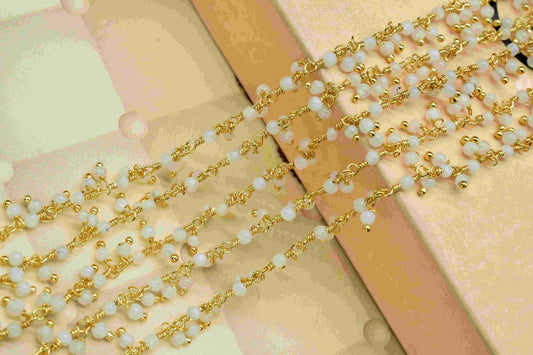 Natural Moonstone 2mm round Cluster beaded Chain,Handmade Cluster Rosary,Handmade Jewelry Making Wire Wrapped Beaded Chain For Necklace,