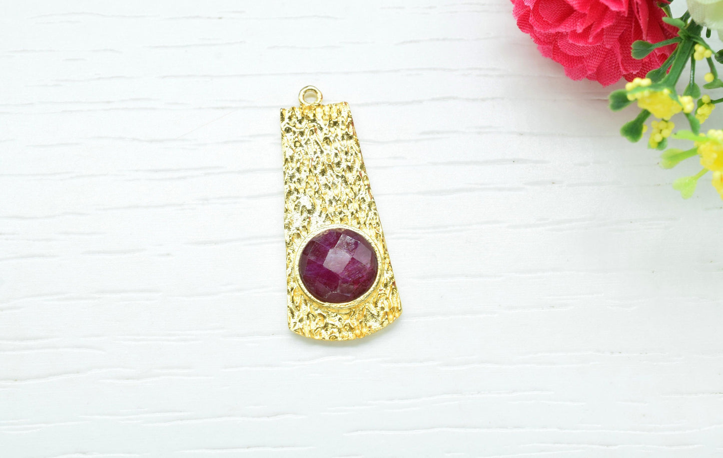 Ruby  Pendant , Ruby Gemstone Handmade Pendant , Bulk Gemstone Pendant , Gold Plated Connectors ,Single Bail Gemstone Connector Charm