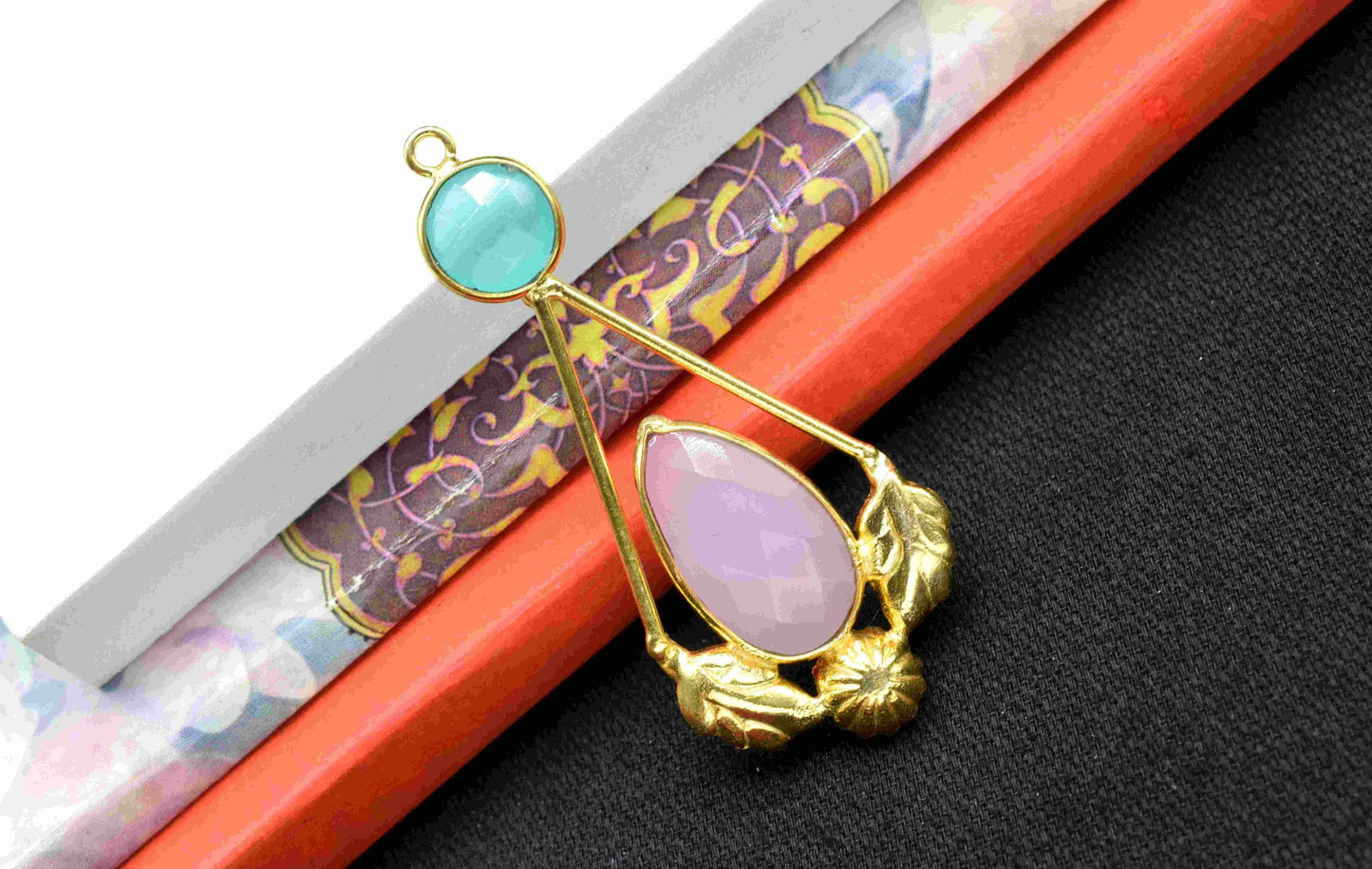 Aqua Chalcedony Gemstone Pendant ,Rose Quartz Handmade Pendant , Multi Gemstone Charms , Gold Plated Gemstone Connectors , Summer Collection