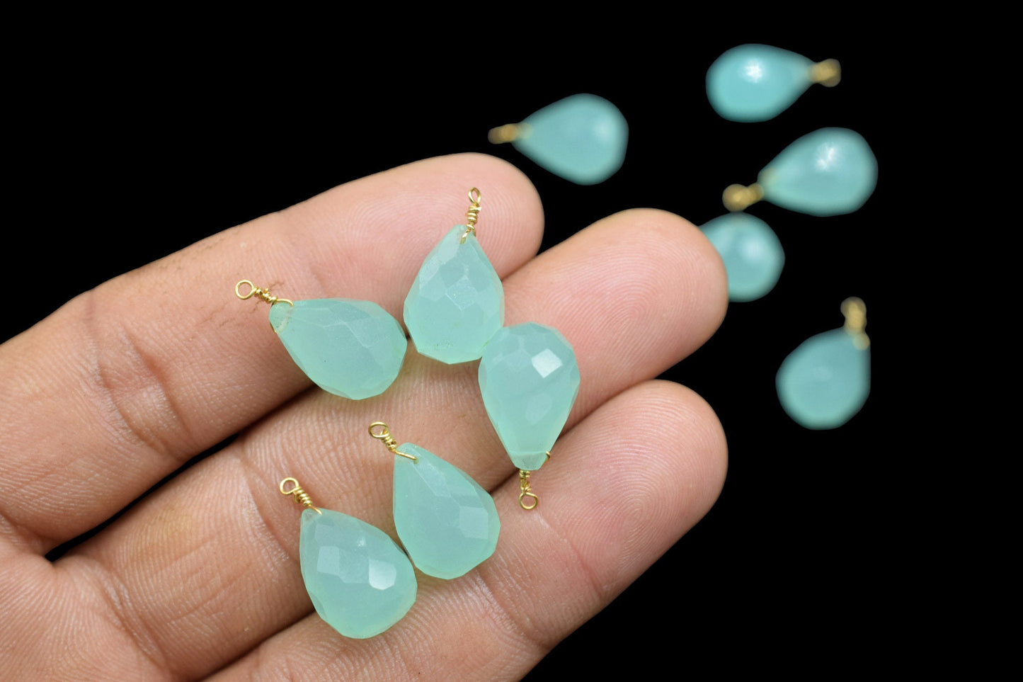 Aqua Chalcedony 10x14mm Faceted Drops Wire Wrapped Gemstone,Wire Wrapped Gemstone Connector,Aqua Chalcedony Connector Charm,Aqua Briolettes