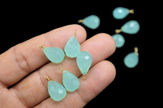 Aqua Chalcedony 10x14mm Faceted Drops Wire Wrapped Gemstone,Wire Wrapped Gemstone Connector,Aqua Chalcedony Connector Charm,Aqua Briolettes