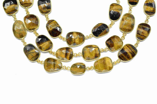 Tiger Eye Bezel Link Chain,Tiger Eye Bezel Bracelet,Tiger Eye Jewelry,Tiger Eye Gemstone Bezel Continuous Connector Chain,Handmade BezelLink