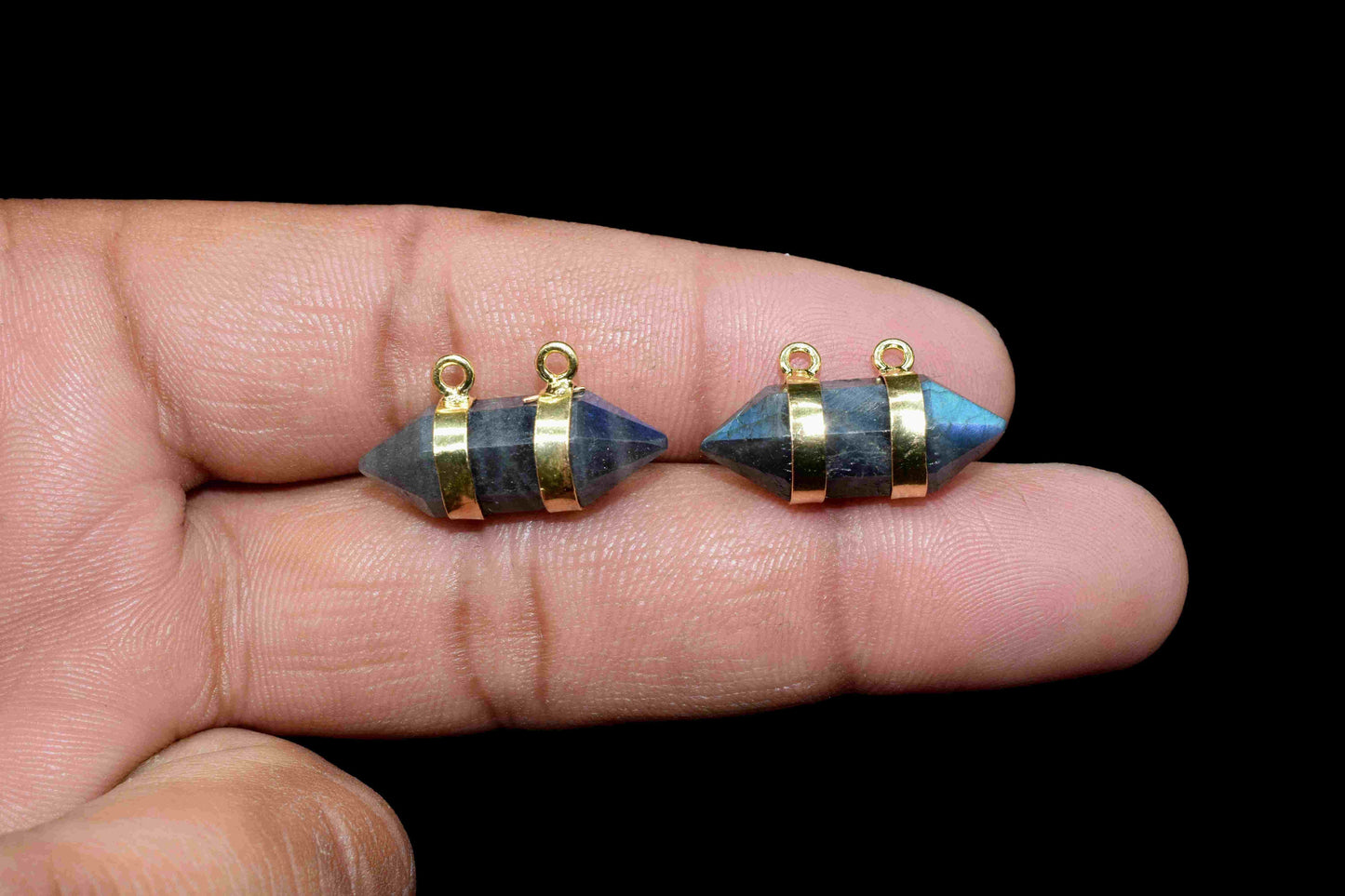 Blue Fire Labradorite 8x22mm Point Pendant,Labradorite Bullet Pendant,Labradorite Gemstone Double Bail Pendant with Electroplated Gold Band