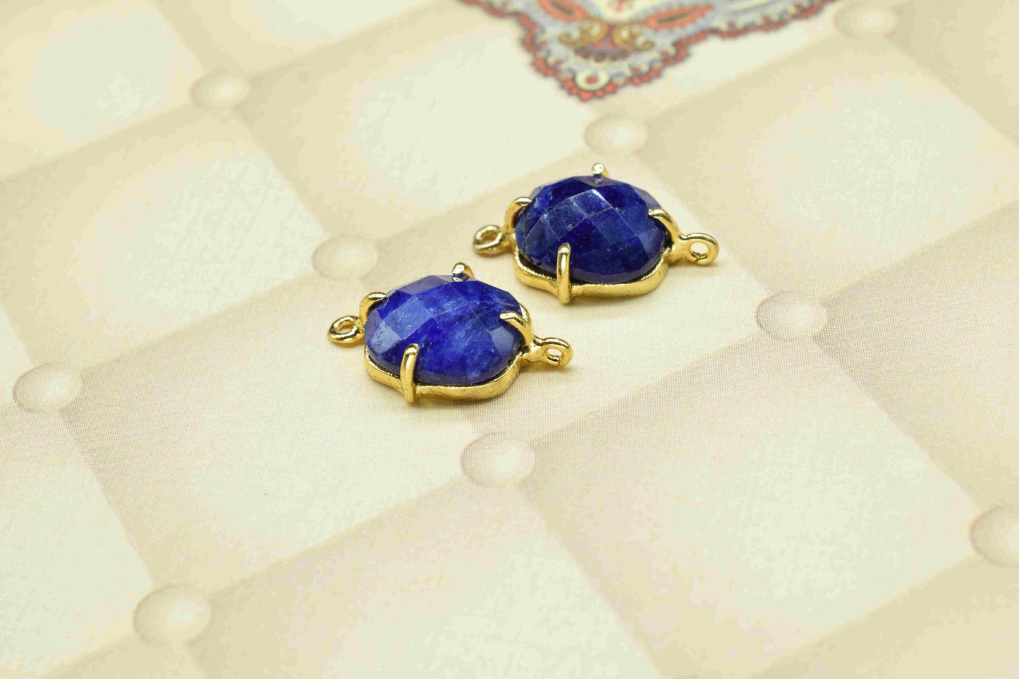Blue Sapphire Prong Connector,double bail connector,Blue Sapphire jewelry,Handmade Gemstone Bezel,Sapphire Cushion Bezel Connector Jewelry