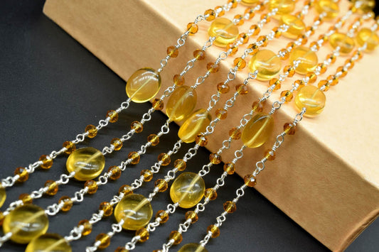Citrine Smooth oval Rosary Beaded Chain,Citrine Oval Wire Wrapped Rosary Chain,Citrine Oval Beads,Wire Plated Rosary Beaded Chain, Per Foot