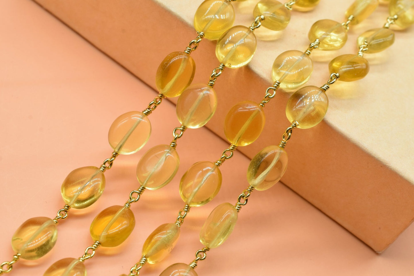 Citrine Smooth oval Rosary Beaded Chain,Citrine Oval Wire Wrapped Rosary Chain,Gold Plated wire wrapped Rosary Chain Gemstone Jewelry Making