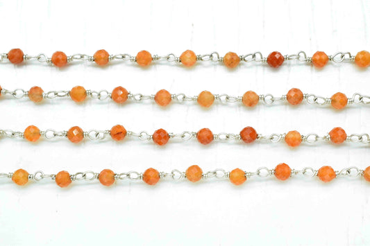 Carnelian Faceted Gemstone 3mm Beaded Chain,Faceted Rosary Chain,Gemstone rosary style chain,Carnelian Beaded Wire Wrapped Gemstone Beads