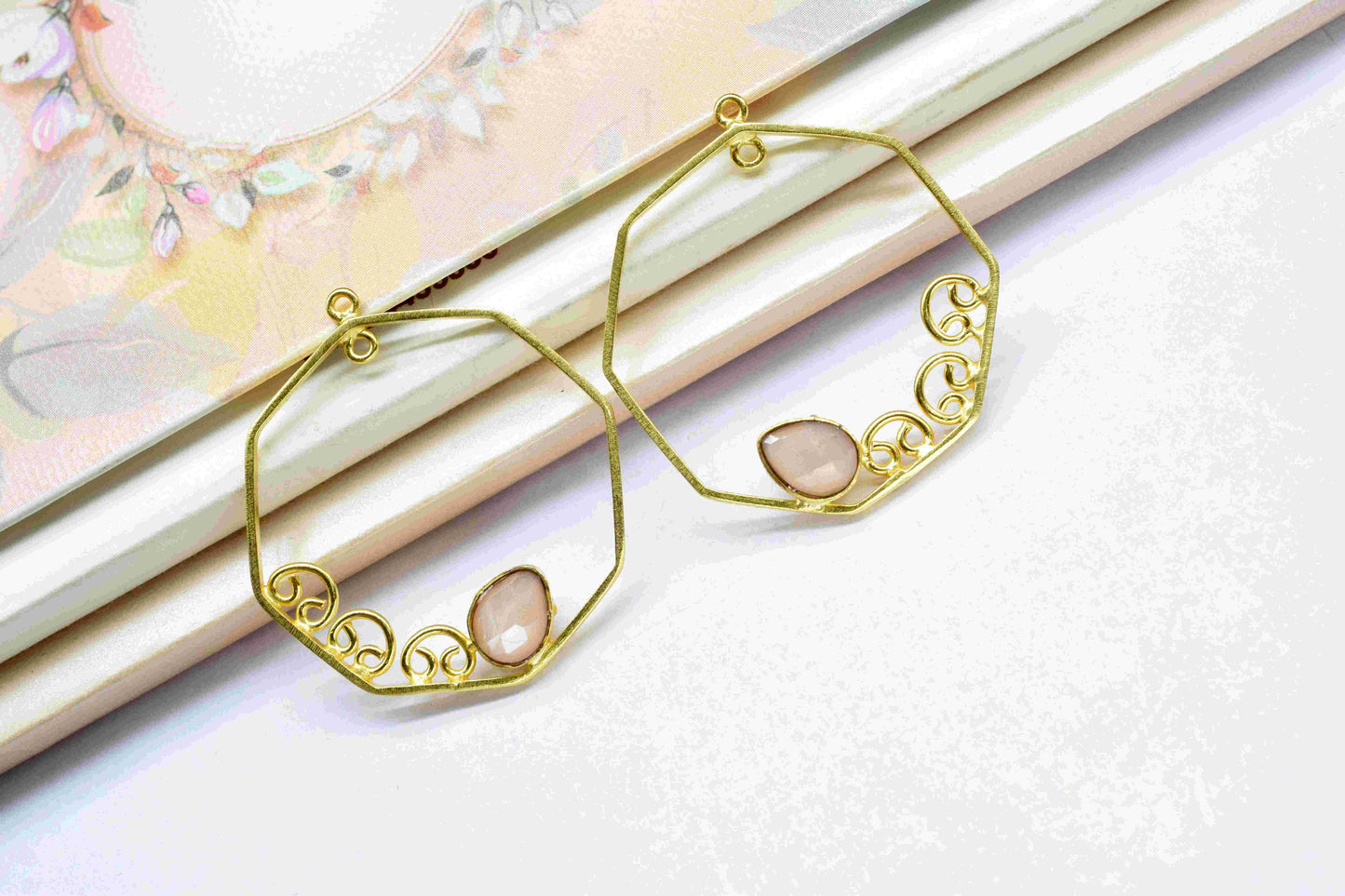 Peach Moonstone 6x8mm Teardrop Earring,Gemstone Component,Handmade Earring Connector,Finding 32mm Hexagon Shape Pendant,Component Jewellery