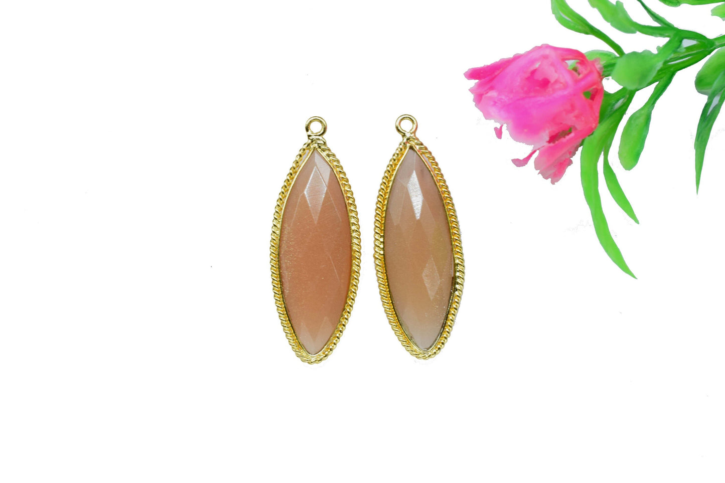 Peach Moonstone Gemstone 10x30mm Marquise Shape Connector,Peach Gemstone Gold Plating Single Bail Jewelry Connector,Peach Moonstone Pendants