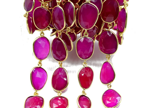 Hot Pink Chalcedony Gold Plated Bezel Connector Chain,Pink Chalcedony connector chain,Free shape bezel connector chain,Bezel Station Chains