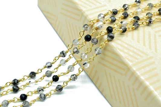 Black rutile 3mm Beaded Chain,Black Rutile Gemstone Rosary Chains, Tourmalated Quartz 3mm Faceted Beads,Rutile Wire Wrapped Rosary Chains