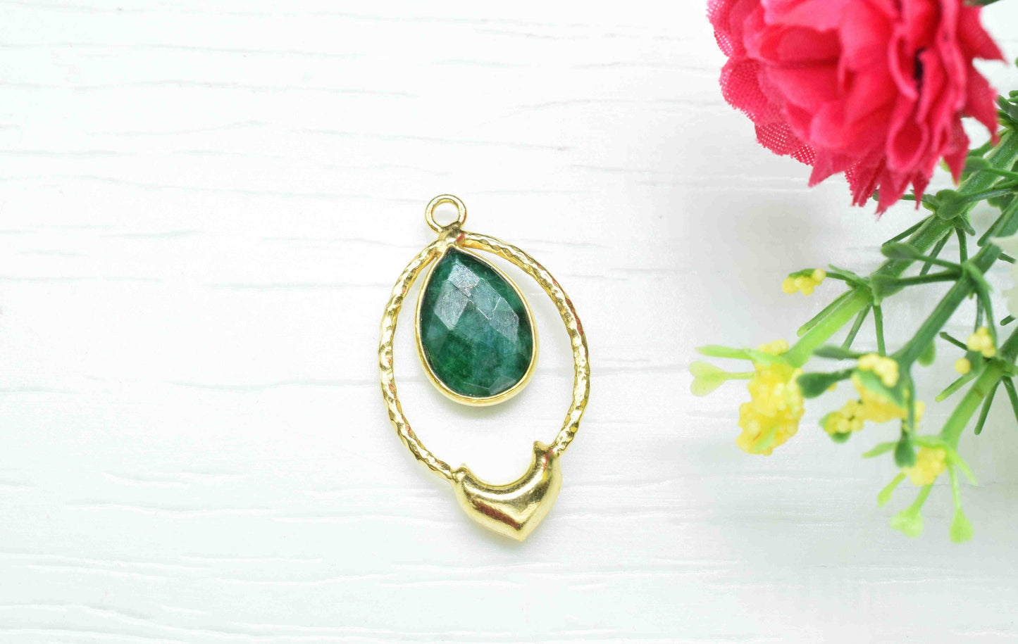 Emerald  Pear Shape Pendant , Emerald  Single Bail Pendant , Multi Gemstone Charms , Gold Plated Gemstone Connectors , Summer Collection