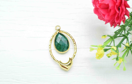 Emerald  Pear Shape Pendant , Emerald  Single Bail Pendant , Multi Gemstone Charms , Gold Plated Gemstone Connectors , Summer Collection
