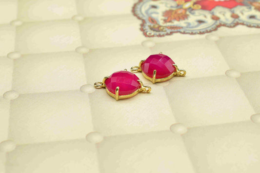 Pink chalcedony Round Connector,Charm for bracelet necklace Jewelry Making,Handmade Gemstone Bezel,Bead Prong Jewelry,double bail connector