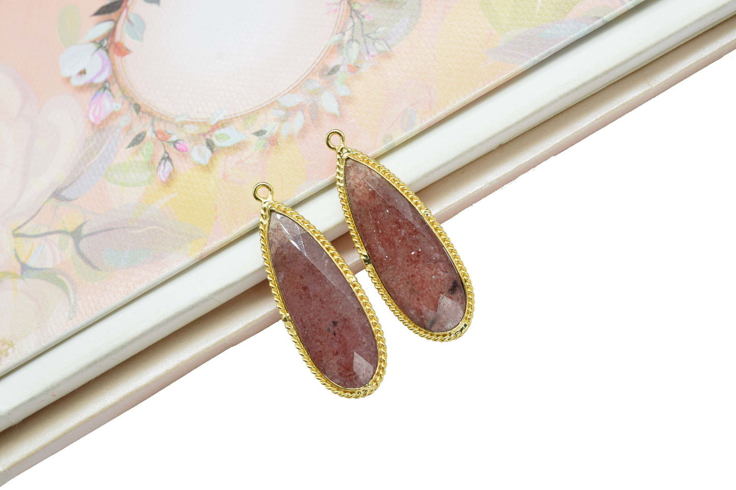 Pink Strawberry 10x30mm pear shape Pendant,Strawberry Faceted Charms Connector Jewelry,Pink Strawberry Gold Plated Single Bail bezels,Gift