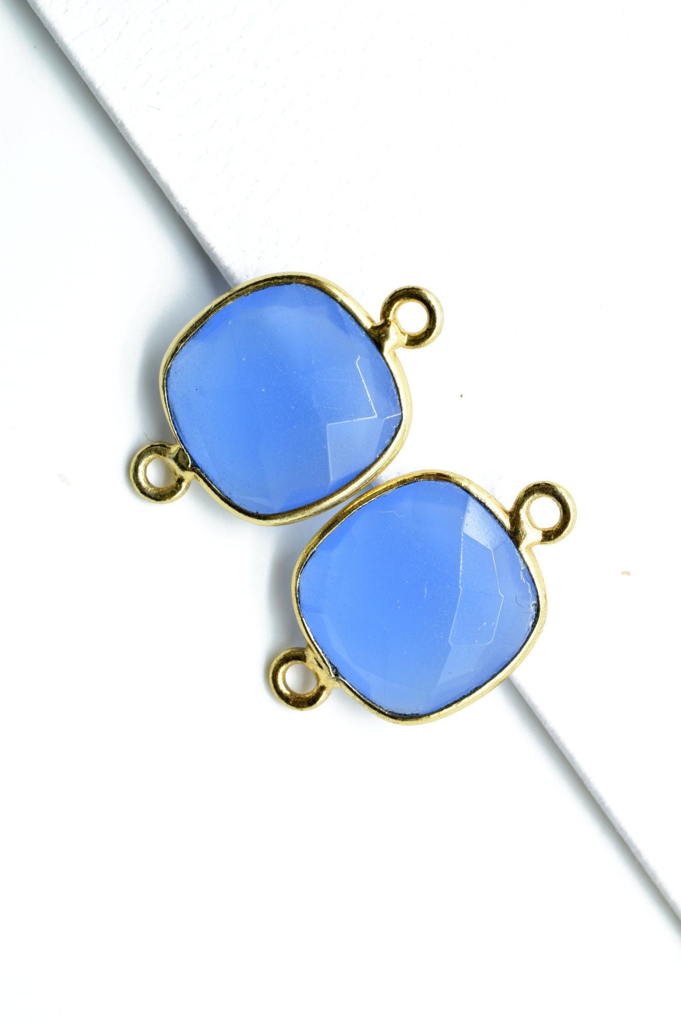Blue Chalcedony 12mm Cushion double bail connectors,Blue Chalcedony Gold Plated Gemstone Bezel Connector, chalcedony Double Loop connectors