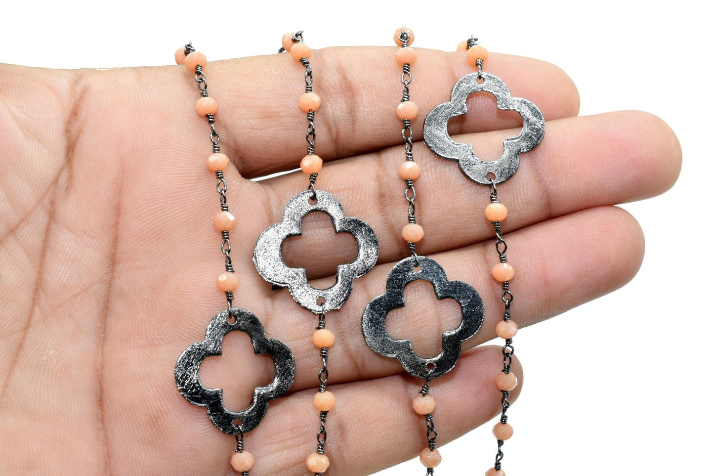 Peach Agate 3mm Beaded Chain,Peach Agate Rosary Chains,Peach Agate Gold Plating Wire Wrap Chain,Brass chain,charm rosary,clover rosary chain